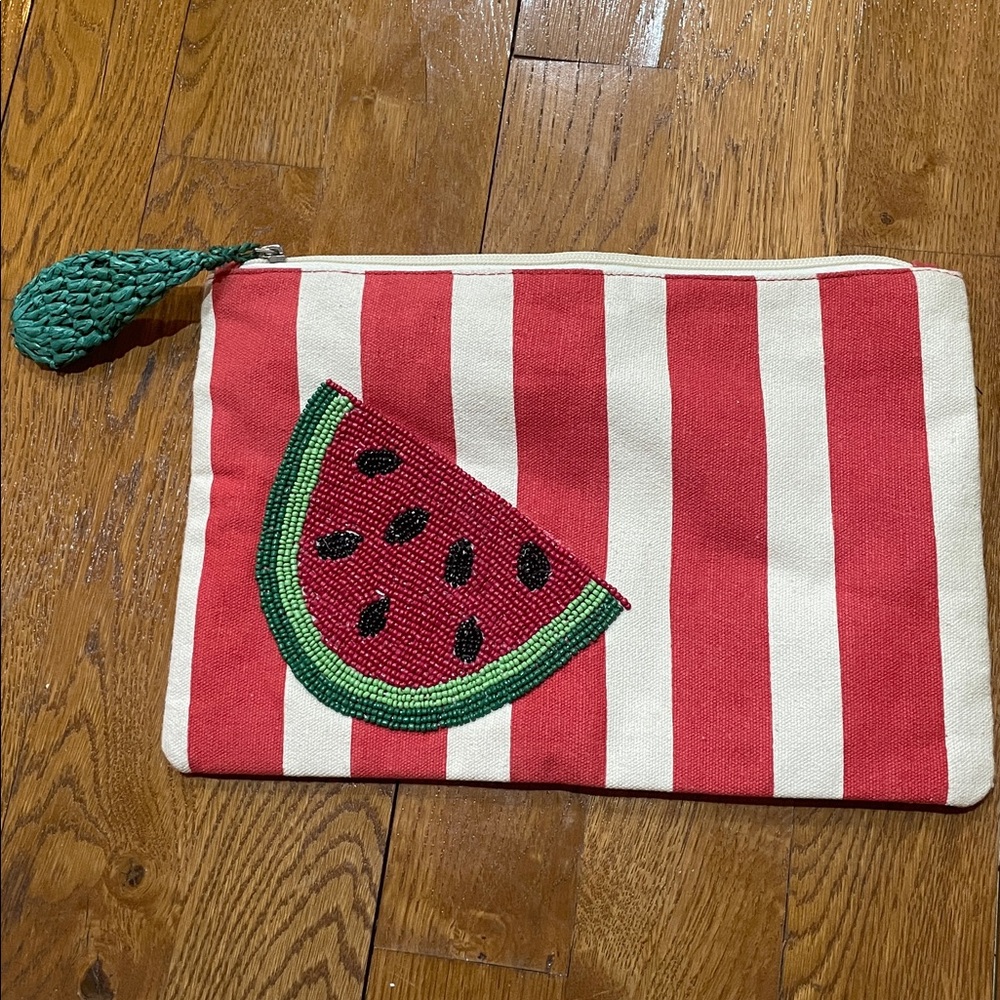 Striped Red and White Cosmetic Bag with Watermelon Design